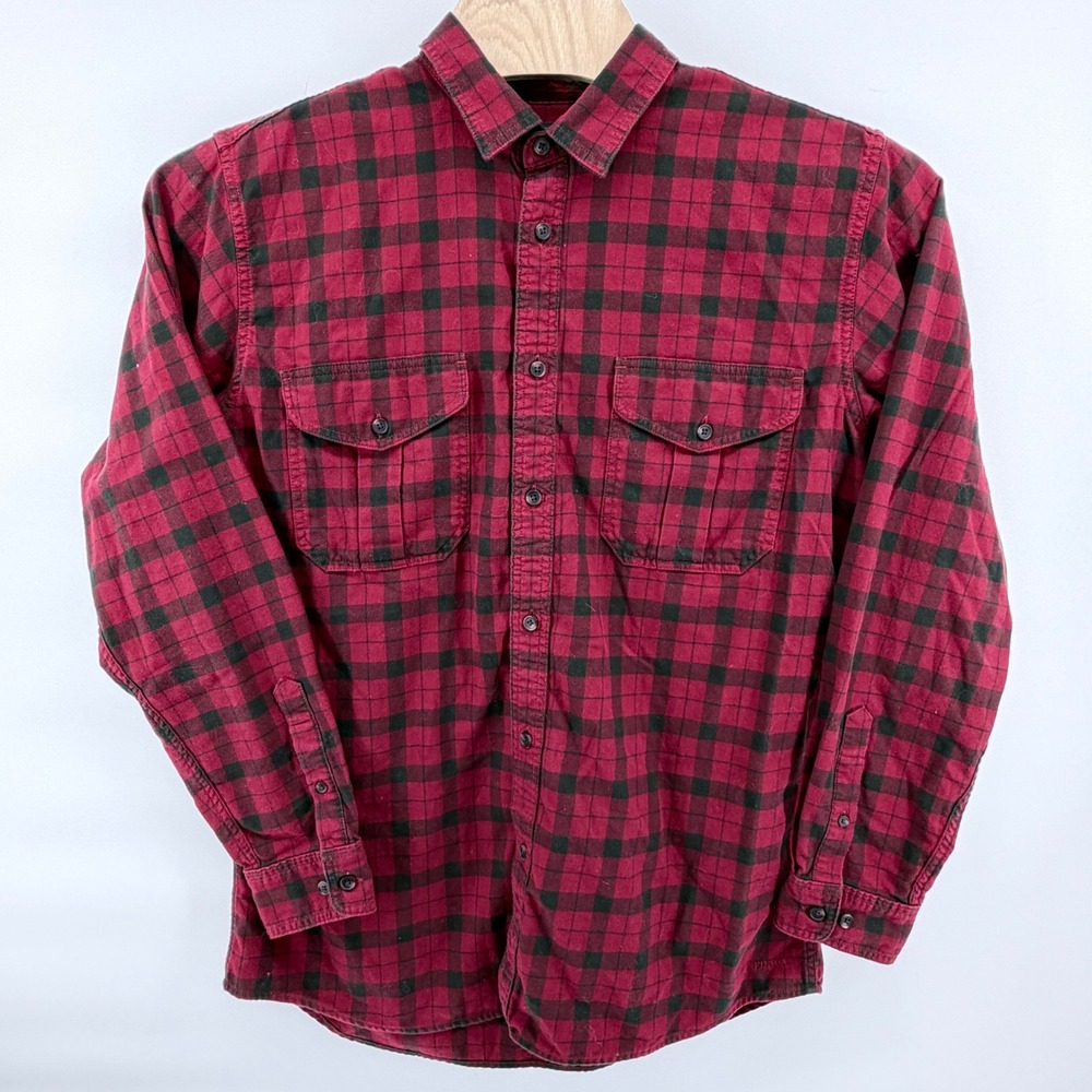Filson Button Down Shirt Mens L Long Red Black Plaid 100% Cotton Workwear